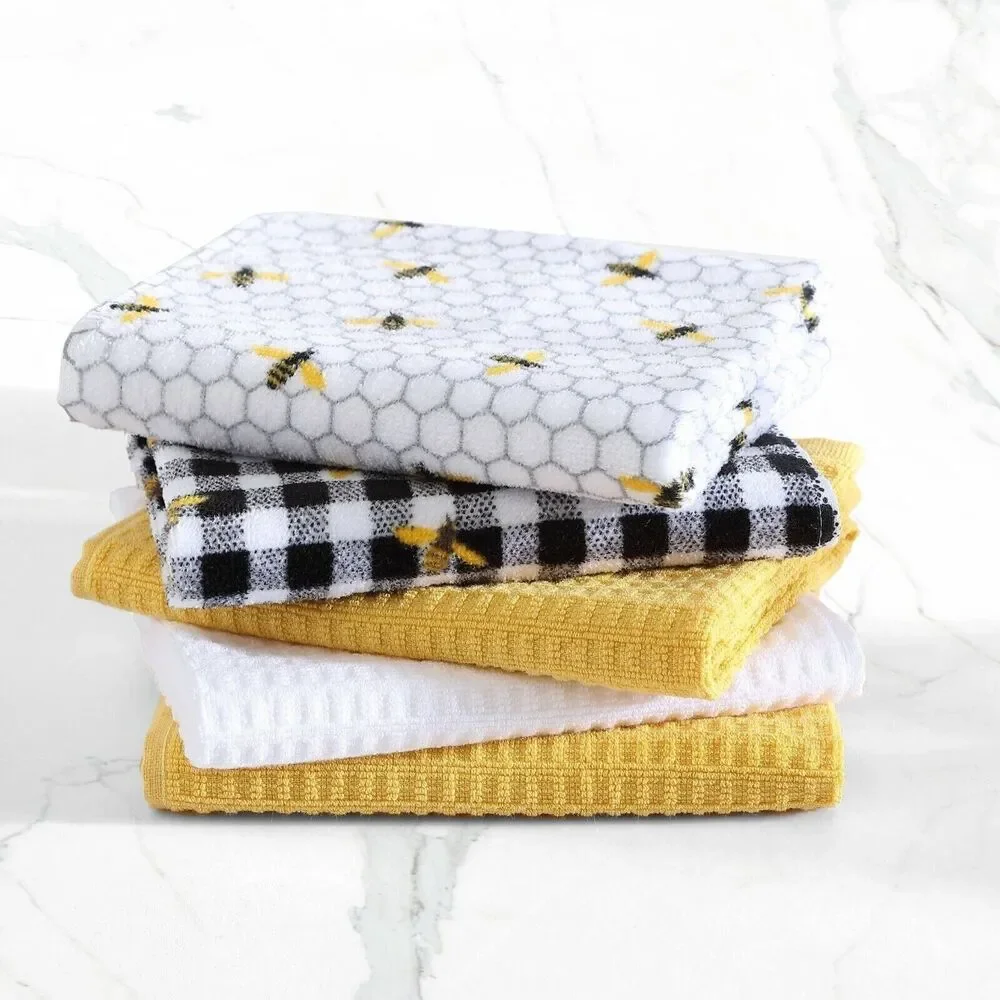 Honeybee Kitchen Towels 5-Pc Honeycomb White Black Checks Yellow Cotton Gift NEW